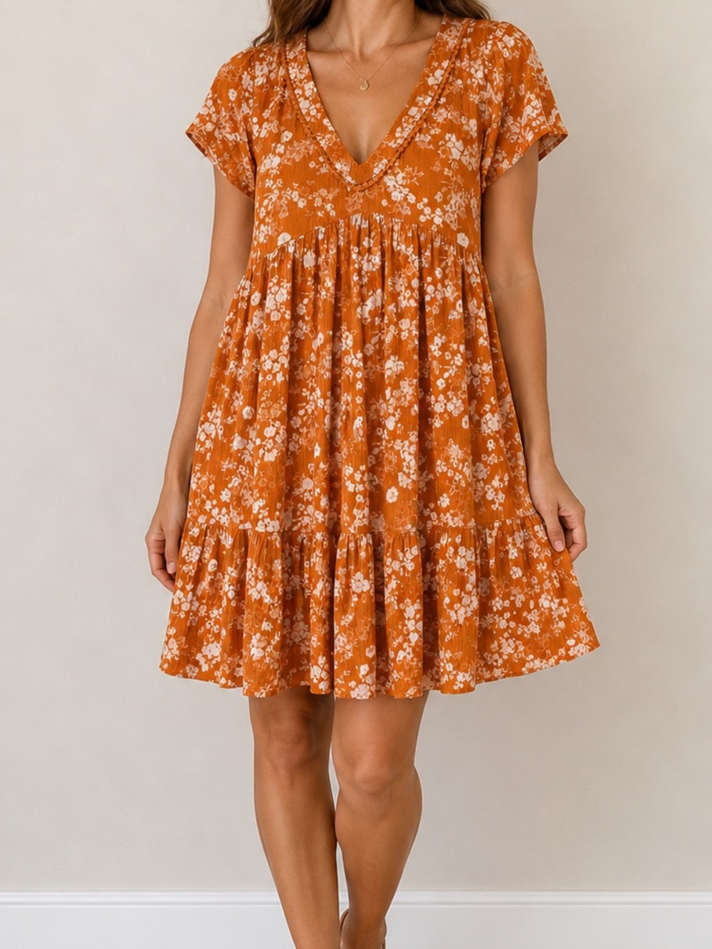 Knox Rose Rust Floral V-Neck Babydoll Dress